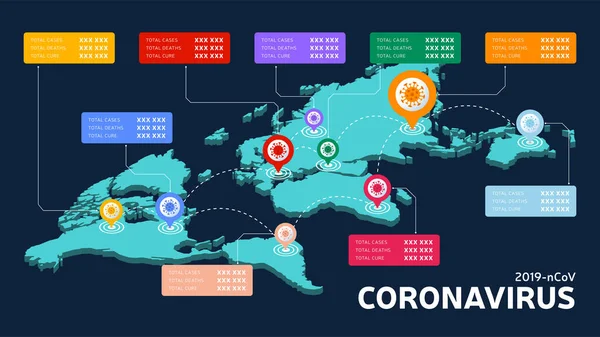 Covid Covid Mapa Del Mundo Isométrico Casos Confirmados Cura Muertes — Vector de stock