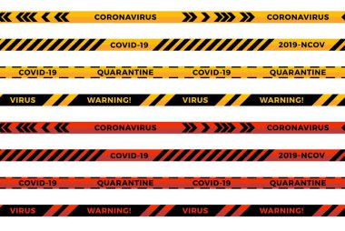 Uyarı çizgileri. Coronavirus uyarı çizgileri. Covid-19 işaretleri. Karantina biyolojik tehlike sembolü. Uyarı hattı koleksiyonu siyah, kırmızı ve sarı renkli, beyaz arka planda izole. Vektör