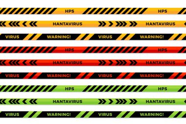 Uyarı çizgileri. Hantavirüs HPS kusursuz çizgileri uyarıyor. Coronavirus Covid-19 işaretleri. Karantina biyolojik tehlike sembolü. Uyarı hattı koleksiyonu siyah, kırmızı, yeşil ve sarı renkli. Vektör