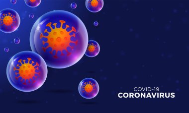 Fütürist Coronavirus veya Covid-19 web pankart şablonu üzerinde parlayan bir virüs hücresi koyu mavi üzerinde parlak bir top.