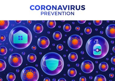 Virüslü pankart ya da desen. Koronavirüs karanlık bir arka planda, neon etkisi ve gerçekçi parlak bir top ile. Covid-19 önleme simgesi Vektör illüstrasyonu.