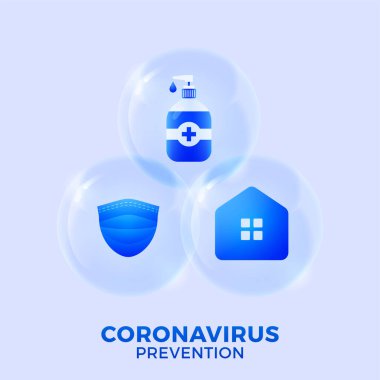 COVID-19 'un önlenmesi hepsi bir simge poster illüstrasyonunda. Gerçekçi top ikonlu Coronavirus koruma broşürü. Evde kal, yüz maskesi kullan, el dezenfektanı kullan.