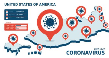 Covid-19 ABD izometrik haritası vakaları, tedavileri ve ölüm raporlarını doğruladı. Coronavirus hastalığı 2019 dünya çapında durum güncellemesi. Amerika Haritaları ve haber başlıkları durum ve istatistikler