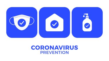 COVID-19 'un önlenmesi hepsi bir simge poster illüstrasyonunda. Beyaz simge seti olan Coronavirus koruma broşürü. Evde kal, yüz maskesi kullan, el dezenfektanı kullan.