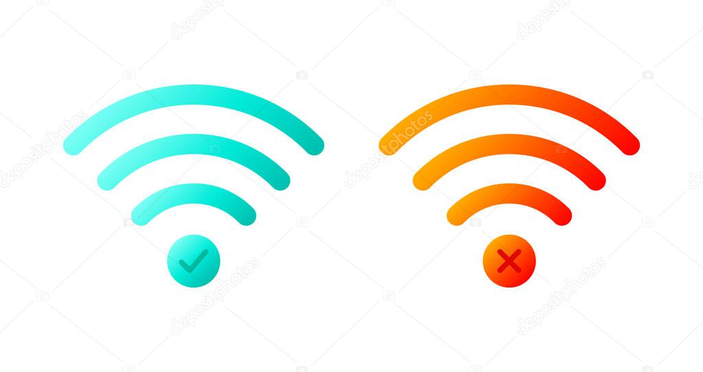 Vector icon set of wireless wifi symbols with check mark and x mark.