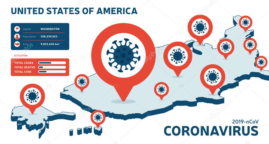 Covid-19 USA isometric map confirmed cases, cure, deaths report. Coronavirus disease 2019 situation update worldwide. America Maps and news headline show situation and stats background