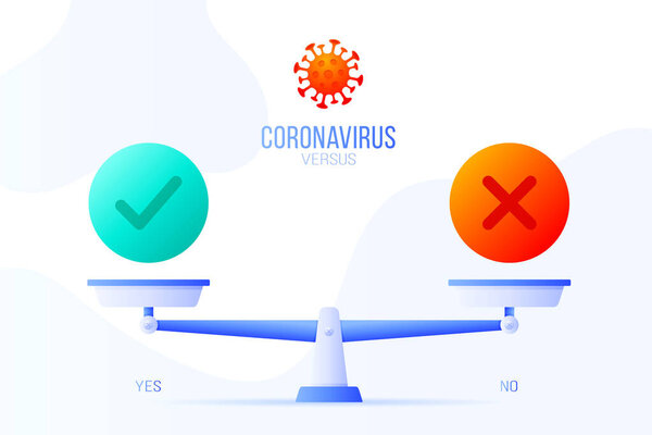 yes or no Coronavirus vector illustration. Creative concept of scales and versus, On one side of the scale lies a yes button and on the other no icon. Flat vector illustration.