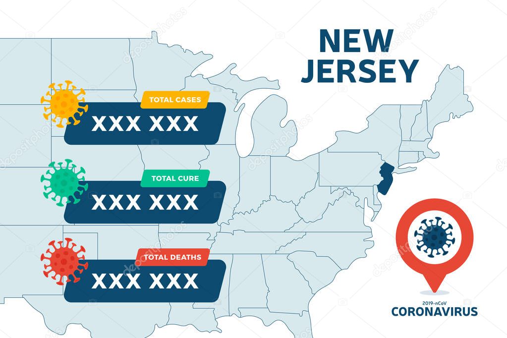 Covid 19 New Jersey State Usa Map Confirmed Cases Cure Deaths Report Coronavirus Disease 2019 Situation Update Worldwide America Maps And News Headline Show Situation And Stats Background Premium Vector In Adobe