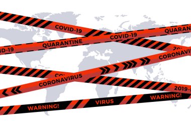 Beyaz kağıttaki sarı şeritli biyolojik tehlike dünya haritasını kesiyor. Güvenlik çit kurdelesi. Dünya karantina gribi. Tehlike gribi tehlikesi uyarısı. Küresel koronavirüs COVID-19