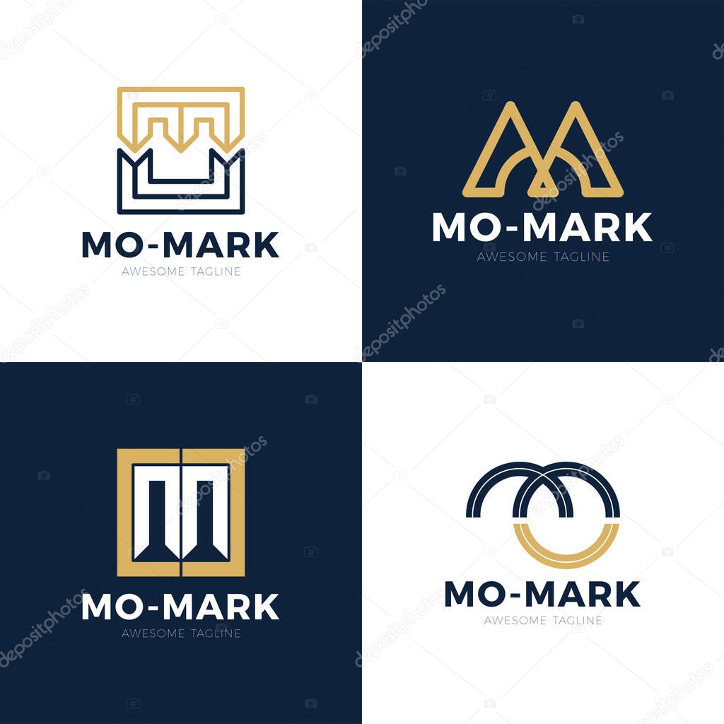 Unique modern creative elegant artistic black and gold color MO OM M O initial based letter icon logo set