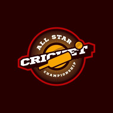 Modern profesyonel Tipografi kriket spor süper kahraman tarzı vektör amblemi ve balo ile şablon logo tasarımı. Giysi, kart, rozet, simge, kartpostal, afiş, etiket, çıkartmalar, baskı için komik selamlar.
