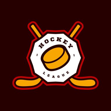 Hokey sporu logosu. Modern profesyonel hokey şampiyonası ya da eski tarz sopa ve diskle yapılan turnuva tipografisi. Vektör tasarımı amblemi, rozet ve spor şablonu logoti tasarımı.