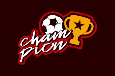 Vektör futbol ya da futbol topu ve kupa çıkartması çizimi. Şampiyonlar Ligi logosu rozet amblemi ve kupa grafiği.