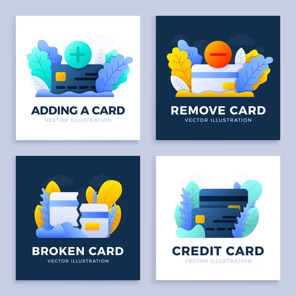 Set Credit Card Vector stock illustration for landing page or presentation. Plus, minus button, new and broken card