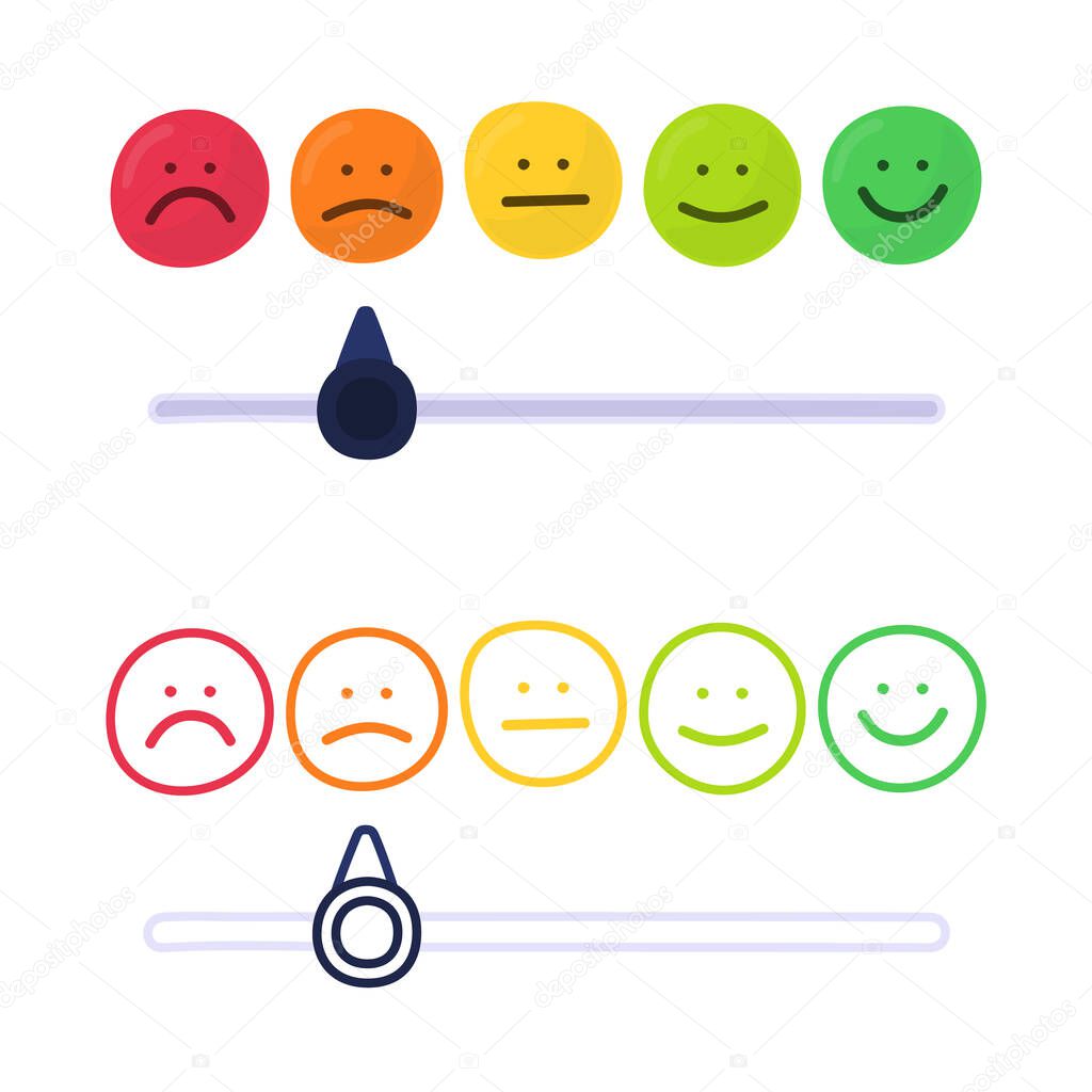 Feedback or rating scale with smiles representing various emotions in hand draw style. Customer's review and evaluation of service or good. Colorful vector illustration in doodle style.