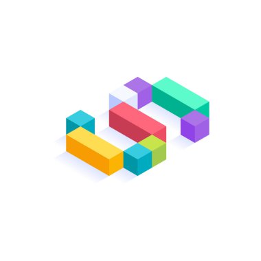 S harfi Isometric renkli küp 3d tasarımı, beyaz arkaplanda izole edilmiş üç boyutlu harf vektör çizimi