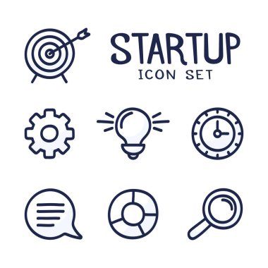 El çizimi çizgi film Start Up ya da İş İlişkili Vektör karalama simgeleri ayarlandı. Ampul, Hedef, Çizelge ve daha fazlası gibi simgeler içerir.