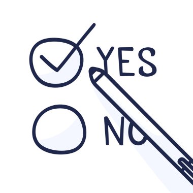 Karalama kalemi oy pusulasına evet oyu yazar. El çizimi çizgi film tarzı işaret tabelalı düz konsept çizim. Web, sunum ve broşürler için izole vektör bilgi ögesi.