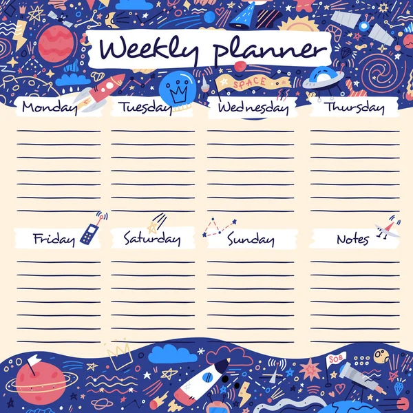 Weekly Planner Funny Outer Space Funny Cartoon Cosmos Icons Doodle — Stock Vector