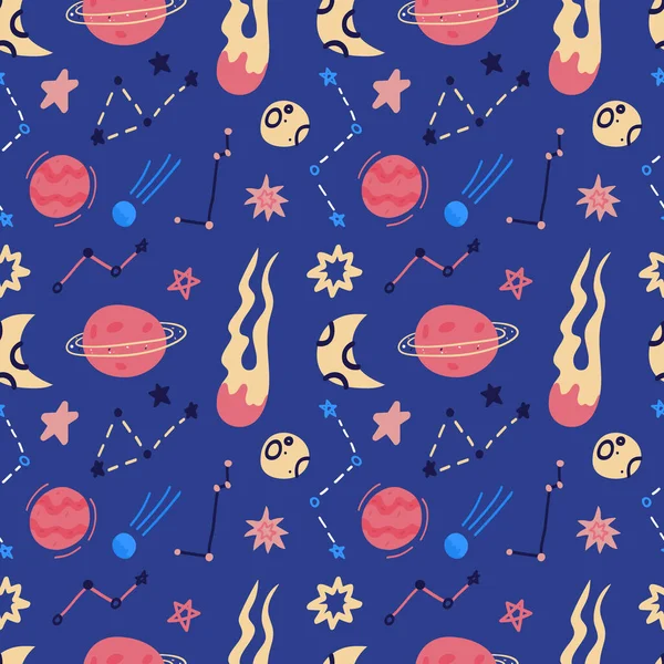 Space vector seamless pattern of planets, orbits, flying saucer, stars. Cartoon flat style cosmos background. Vector illustration. Cartoon icons.