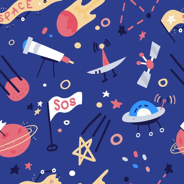 Vector Seamless Pattern With rockets, satellite, UFO, stars. Cartoon flat style cosmos kids background