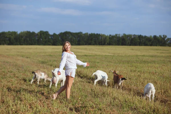 Kobieta i kozy chodzą wokół pola. — Zdjęcie stockowe