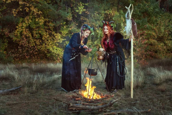 Two women shamans make a potion. — Stock Photo, Image