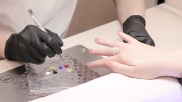 Mulher Mestre Manicure Desenha Padrão Nas Unhas Manicure Profissional Salão — Vídeo de Stock