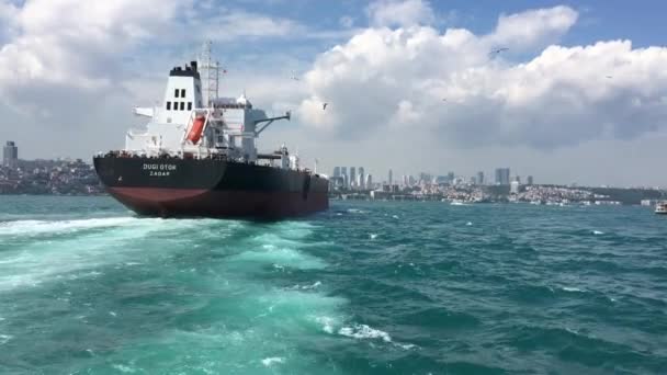 トルコのイスタンブール 2017年5月22日 貨物フェリーはターコイズブルーの海にカモメが同行します 街のダウンタウン線と背景に離陸する飛行機 — ストック動画