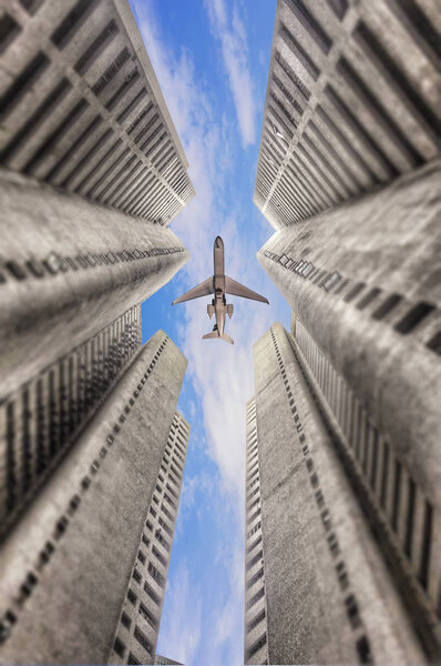 Airplane flying over business skyscrapers in Malaysia blue sky background.