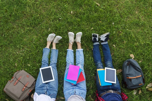 Top view of group of students sitting together in the garden. — Stock Photo, Image