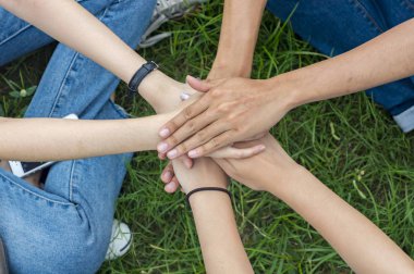 Grup birlikte bahçede oturan öğrencinin Üstten Görünüm. 