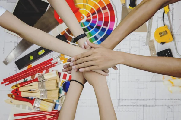 Top view of architects hands group of young creative working wit — Stock Photo, Image