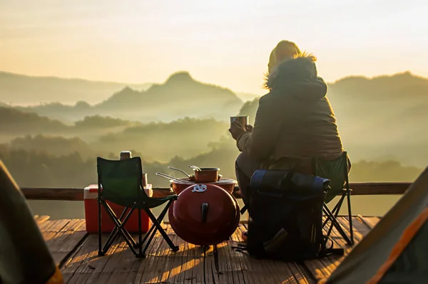 아름다운 아침에 안개낀 산들을 구경하고 관광객 여자의 모습을 돌이켜 여행의 — 스톡 사진