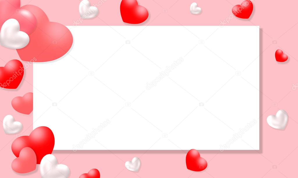 texture with red heart bokeh. Valentine's day background. Horizontal for the designer on a pink background and white hearts for the designer