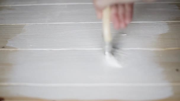 Mão pinta uma pintura branca em uma tábua marrom close-up dentro de casa — Vídeo de Stock