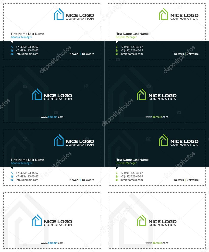 House business cards, blue and green colors, simple and modern template