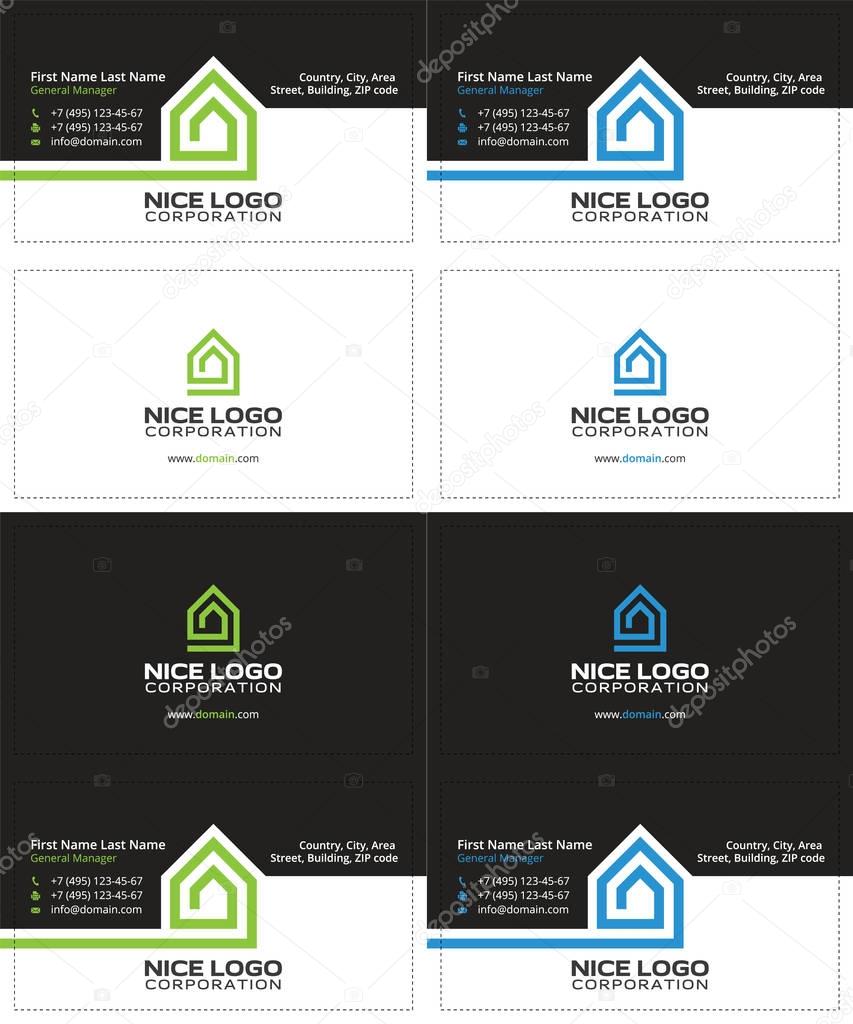Home inside the house business card, black, green and blue colors, modern template