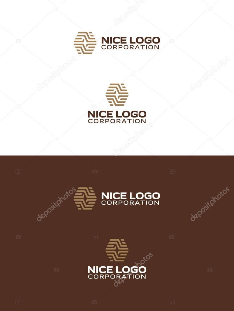 Parquet logo, brown and gold color, abstract hexagon logotype