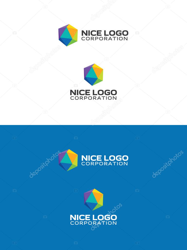 Colored icosahedron logo, 3d low poly geometric figure consisting of triangles