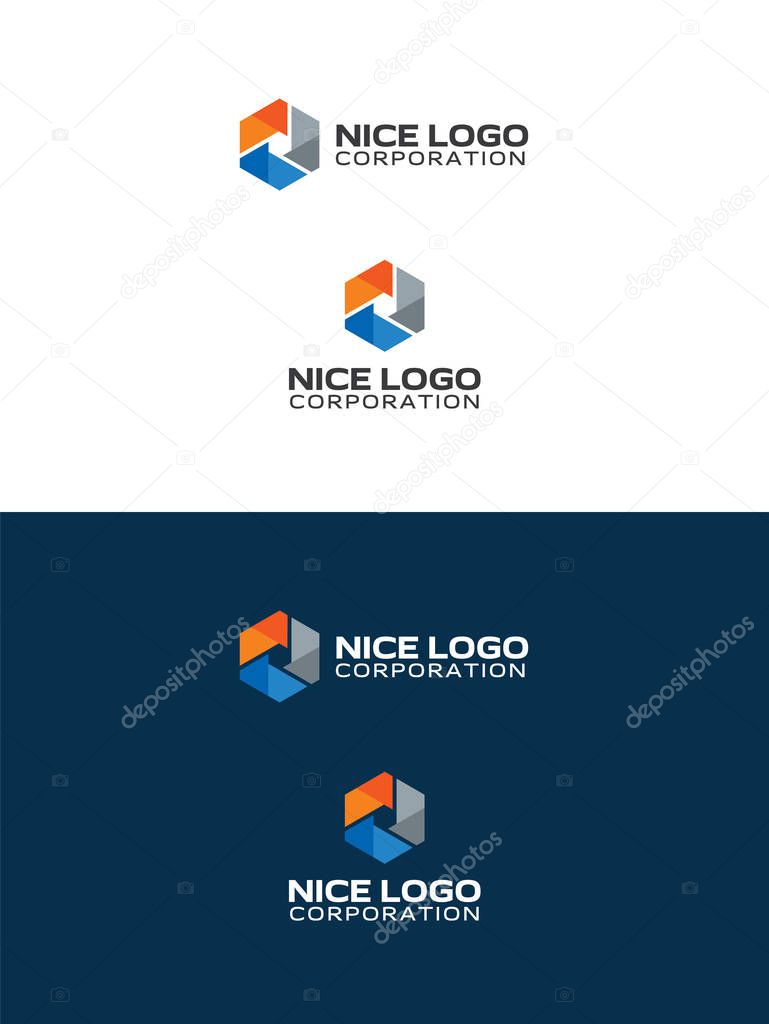 Oil and gas industry logo, abstract hexagon, orange, blue and gray colors