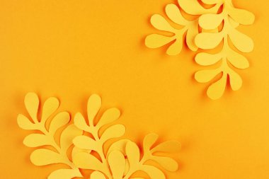 Sarı arka plandaki tropik sarı sonbahar yaprakları. Düşen altın yaprakların sonbahar arkaplanı