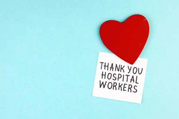 Healthy Red Heart Inscription Thank You Hospital Workers Blue Background — Stock Photo, Image