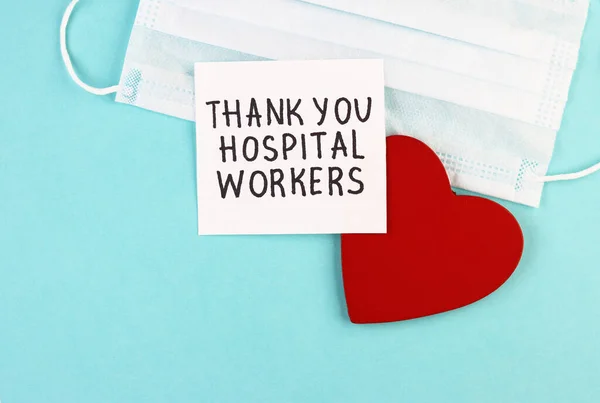 Medical Mask Healthy Red Heart Inscription Thank You Hospital Workers — Stock Photo, Image