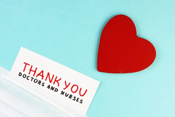 Medical Mask Healthy Red Heart Inscription Thank You Doctors Nurses — Stock Photo, Image
