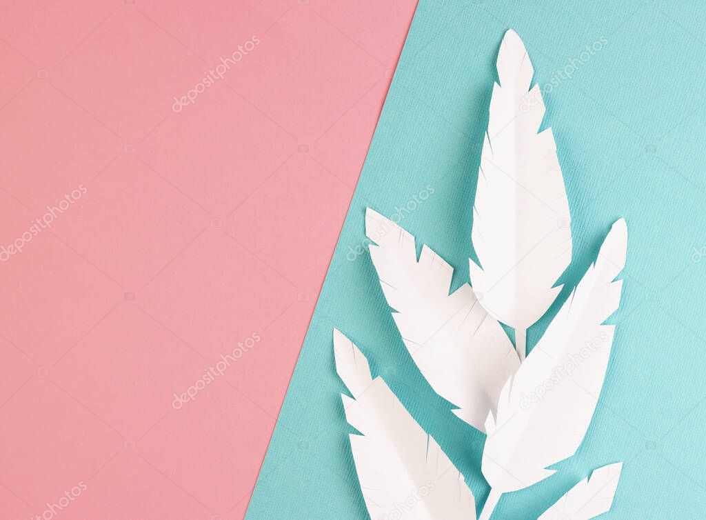 white paper feathers on a pink and blue background, top view. paper decoration on a pastel background