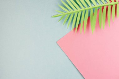 Sayfanın tepesinde egzotik bitkilerin yeşil yaprakları var. Mavi ve pembe egzotik bir arka plan. Pastel renklerde palmiye yapraklarıyla yaz arkaplanı