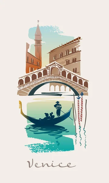 Gondola on the Grand Canal. Rialto bridge. Venice. Italy — Stock Vector