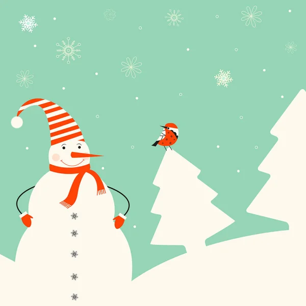 Christmas decoration with snowman and bird — Stock Vector