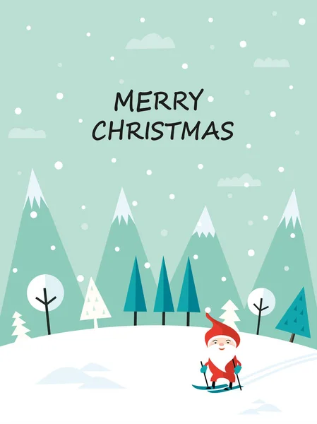 Tarjeta Felicitación Navideña Con Santa Clause Esquiando Por Ladera Paisaje — Vector de stock